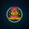 Glowing neon christmas sign with christmas bell and bow-knot in circle frame. Christmas bell symbol web banner