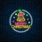 Glowing neon christmas sign with christmas bell, bow-knot and holly in circle frame. Christmas bell symbol in neon style