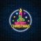 Glowing neon christmas sign with holly and xmas candle in circle frame. Christmas symbol web banner in neon style.