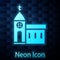 Glowing neon Church building icon isolated on brick wall background. Christian Church. Religion of church. Vector