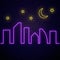Glowing neon city banner with stars and moon. Town symbol poster in neon style with glowing skyscrapers silhouettes