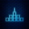 Glowing neon City landscape icon isolated on brick wall background. Metropolis architecture panoramic landscape. Vector