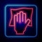 Glowing neon Cleaning service icon isolated on blue background. Latex hand protection sign. Housework cleaning equipment