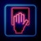 Glowing neon Cleaning service icon isolated on blue background. Vector