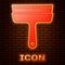 Glowing neon Cleaning service with of rubber cleaner for windows icon  on brick wall background. Squeegee
