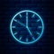 Glowing neon Clock icon isolated on brick wall background. Time symbol. Vector