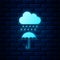 Glowing neon Cloud with rain drop on umbrella icon isolated on brick wall background. Vector
