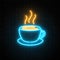 Glowing neon coffee cup icon on a dark brick wall background. Light effect hot beverage or cafe sign.