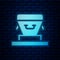 Glowing neon Coffin icon isolated on brick wall background. Funeral ceremony. Vector