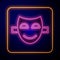 Glowing neon Comedy theatrical mask icon isolated on black background. Vector