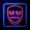 Glowing neon Comedy theatrical mask icon isolated on blue background. Vector