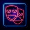 Glowing neon Comedy and tragedy theatrical masks icon isolated on blue background. Vector