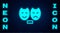 Glowing neon Comedy and tragedy theatrical masks icon isolated on brick wall background. Vector
