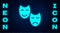 Glowing neon Comedy and tragedy theatrical masks icon isolated on brick wall background. Vector