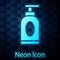 Glowing neon Cream or lotion cosmetic tube icon isolated on brick wall background. Body care products for men. Vector