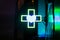 Glowing neon Cross hospital medical icon. First aid. Diagnostics symbol. Medicine and pharmacy sign.