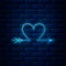 Glowing neon Cupid arrow heart, Valentines Day cards icon isolated on brick wall background
