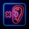 Glowing neon Deafness icon isolated on blue background. Deaf symbol. Hearing impairment. Vector