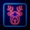 Glowing neon Deer head with antlers icon isolated on blue background. Vector