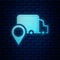 Glowing neon Delivery tracking icon isolated on brick wall background. Parcel tracking. Vector