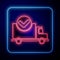 Glowing neon Delivery truck with check mark icon isolated on blue background. Vector Illustration