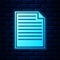 Glowing neon Document icon isolated on brick wall background. File icon. Checklist icon. Business concept