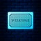 Glowing neon Doormat with the text Welcome icon isolated on brick wall background. Welcome mat sign. Vector