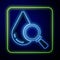 Glowing neon Drop and magnifying glass icon isolated on blue background. Vector