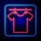 Glowing neon Drying clothes icon isolated on blue background. Clean shirt. Wash clothes on a rope with clothespins