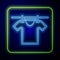 Glowing neon Drying clothes icon isolated on blue background. Clean shirt. Wash clothes on a rope with clothespins