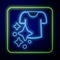 Glowing neon Drying clothes icon isolated on blue background. Clean shirt. Wash clothes on a rope with clothespins