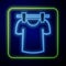 Glowing neon Drying clothes icon isolated on blue background. Clean shirt. Wash clothes on a rope with clothespins