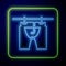 Glowing neon Drying clothes icon isolated on blue background. Clean shirt. Wash clothes on a rope with clothespins