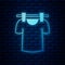 Glowing neon Drying clothes icon isolated on brick wall background. Clean shirt. Wash clothes on a rope with clothespins