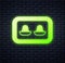 Glowing neon Earplugs with storage box icon isolated on brick wall background. Ear plug sign. Noise symbol. Sleeping