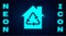 Glowing neon Eco House with recycling symbol icon isolated on brick wall background. Ecology home with recycle arrows