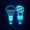 Glowing neon Economical LED illuminated lightbulb and fluorescent light bulb icon isolated on brick wall background