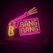 Glowing Neon effect sign. Pair of crossed gun revolver. night club or bar concept. shooter pistols or weapon on dark