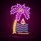 Glowing Neon effect sign. Palm trees and sea, sun and island. summer night club or bar concept on dark background