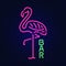 Glowing Neon effect sign with Pink Flamingo. night club or bar concept. on dark background. editable vector