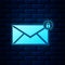 Glowing neon Email message lock password icon isolated on brick wall background. Envelope with padlock sign. Private