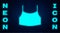 Glowing neon Female crop top icon isolated on brick wall background. Undershirt. Vector