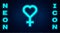 Glowing neon Female gender symbol icon isolated on brick wall background. Venus symbol. The symbol for a female organism