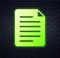 Glowing neon File document icon isolated on brick wall background. Checklist icon. Business concept. Vector