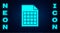 Glowing neon File document icon isolated on brick wall background. Checklist icon. Business concept. Vector Illustration