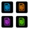 Glowing neon File document with illustration icon isolated on white background. Checklist icon. Business concept. Black