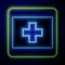 Glowing neon First aid kit icon isolated on blue background. Medical box with cross. Medical equipment for emergency