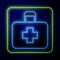 Glowing neon First aid kit icon isolated on blue background. Medical box with cross. Medical equipment for emergency