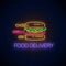 Glowing neon food delivery sign with hurrying burger. Fast delivery symbol in neon style. Fast food concept illustration