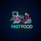 Glowing neon food fast delivery sign with delivering scooter. Fast delivery symbol in neon style